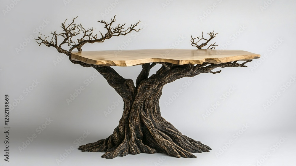 Poster unique tree-like table with a wooden top and branch-like legs set against a simple white backdrop