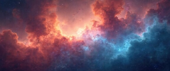 Panorama colorful background with nebula galaxy in space with orange, pink, red and blue tones. Starry night, abstract wallpaper. Beautiful cosmos for sci-fi concepts.