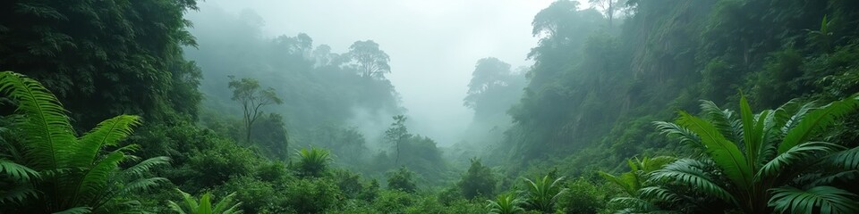 Rich prehistoric landscape with giant ferns, dense jungle vibrant green colors under misty sky. Colossal trees create mysterious nature background. Panorama wallpaper with three-dimensional terrain.