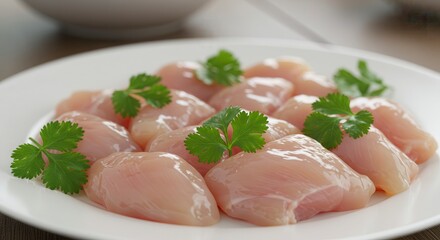 Fresh Chicken Breast Pieces with Parsley on White Plate Ready to Cook