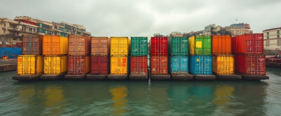 Obraz premium Colorful Cargo Containers Float Calmly