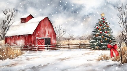 Watercolor winter scene featuring a red barn and decorated Christmas tree on snowy land