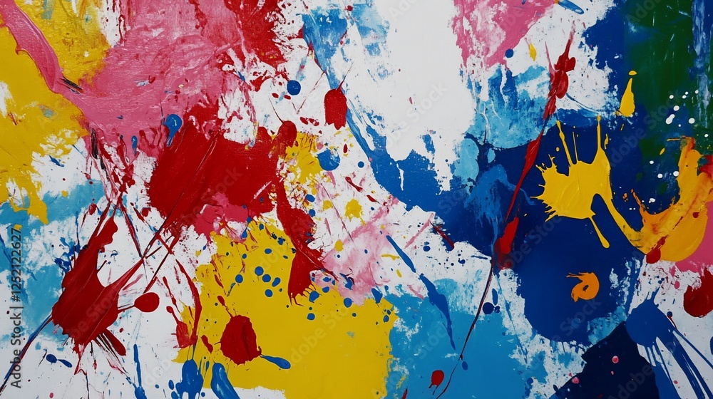 Poster abstract art featuring colorful paint splashes and splatters creating a vibrant background