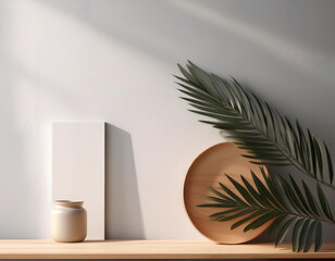 Décoration minimaliste avec feuilles de palmier et objets en céramique