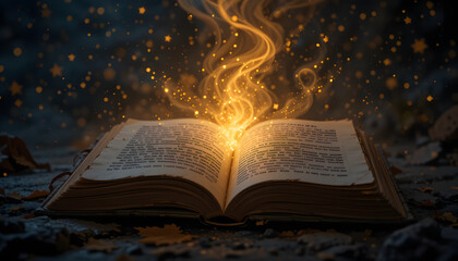 Fototapeta premium An ancient open book glows with golden light, releasing magical energy into a starry night sky. Wisps of light rise from its pages, creating a mystical atmosphere against the infinite black background