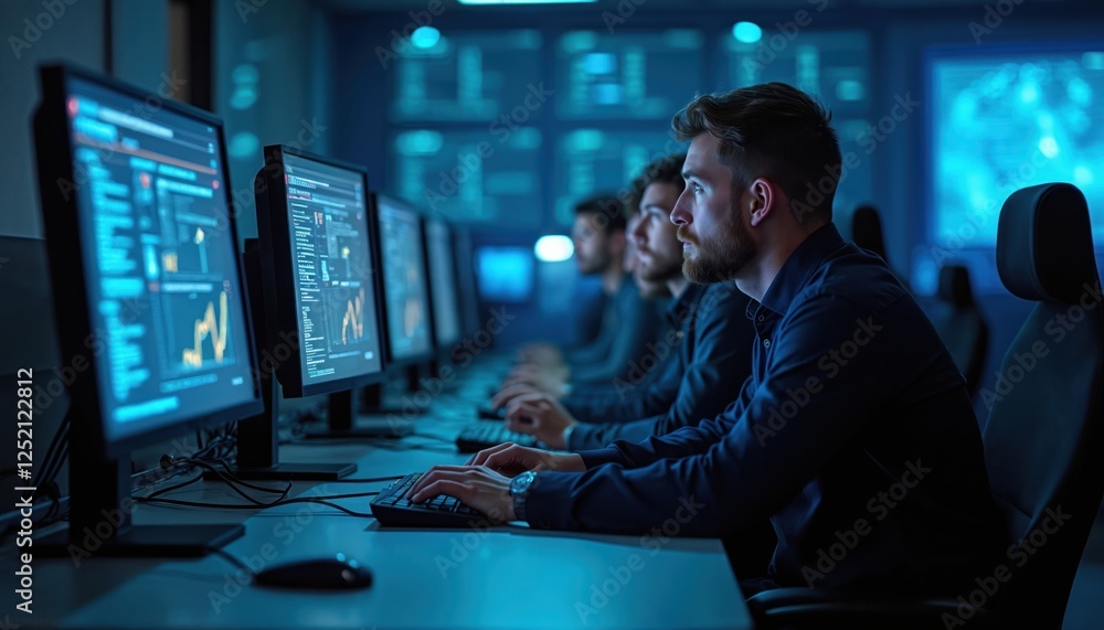Poster cybersecurity team monitoring security operations center. system administrators work with network se