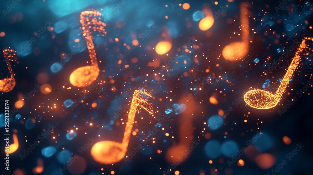 Poster glowing music notes in a dark and light blue bokeh background with floating lights