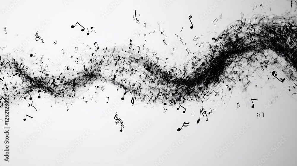 Poster musical notes flowing across a white canvas with a dynamic motion effect