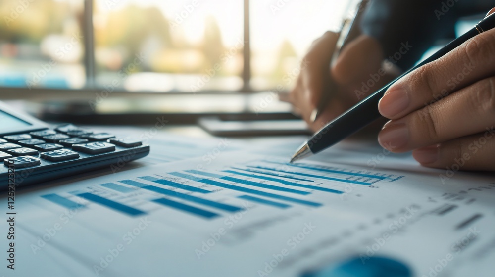 Poster close-up of hands analyzing financial data with a pen and calculator on a desk