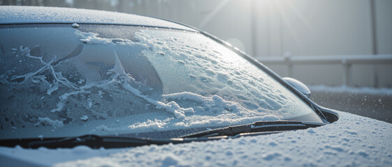 Obraz premium Winter Car Detailing with Foam and Snow Sparkling on the Windshield, Evoking a Fresh and Clean Winter Morning Radiance Under Soft Sunlight