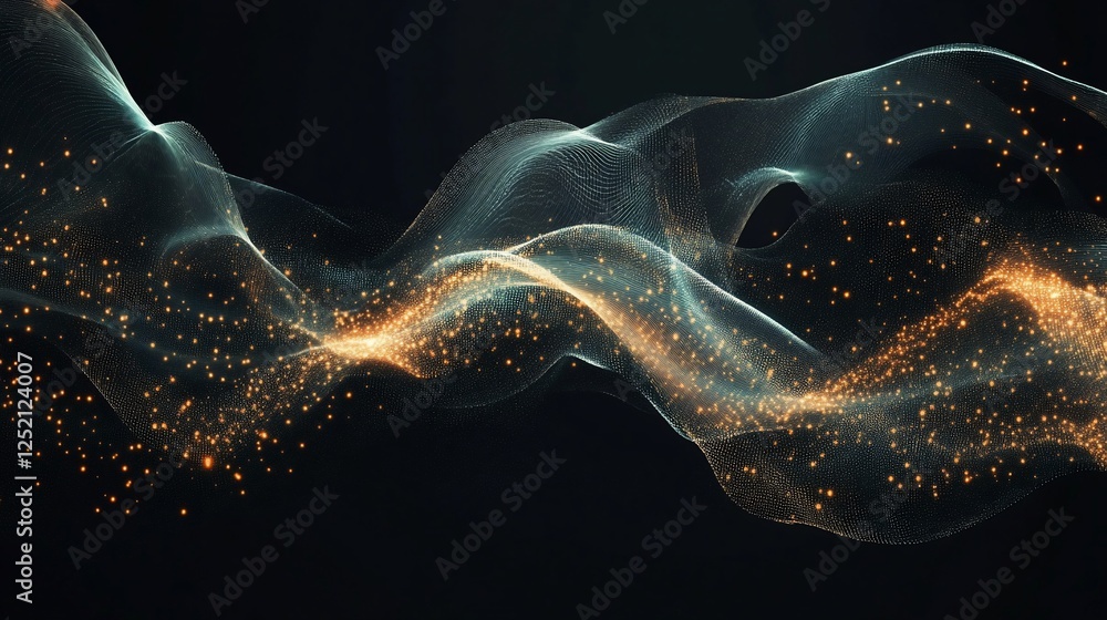 Poster abstract wave pattern with glowing gold particles flowing on a dark background