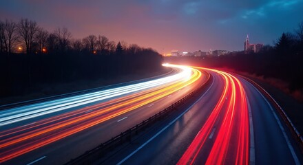 Night highway with colourful light trails of passing cars, speed, movement. Long exposure automotive trail lights on curved road near city. Dynamic futuristic design with illuminated urban street.
