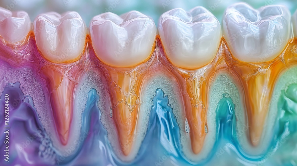 Poster close-up view of dental structure with colorful fluid transition and unique artistic style