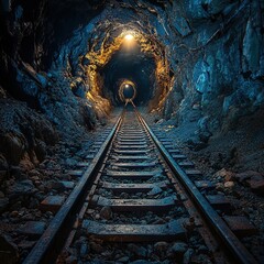 Naklejka premium Exploring abandoned mine tunnel mountain region photography underground perspective adventure and discovery