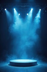Blue stage lights illuminate round platform with smoke effect. Spotlight, vibrant energy on dark background. Perfect for music events, theatre or product presentation background.