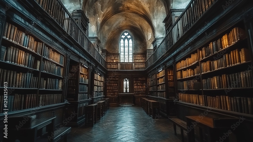 Poster exploring an ancient library's rich history enigmatic atmosphere and timeless knowledge in a gothic 