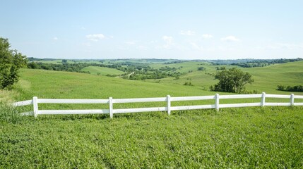 Countryside field with white fence overlooking valley