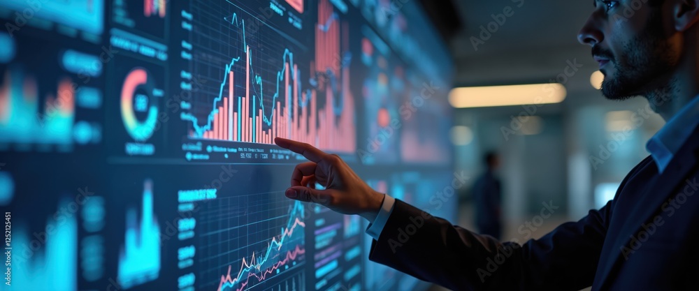 Poster man analyzes data on a futuristic touch screen. interface displays complex charts. concept for busin