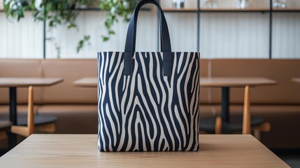Zebra Print Tote Bag On Wooden Table In Cafe