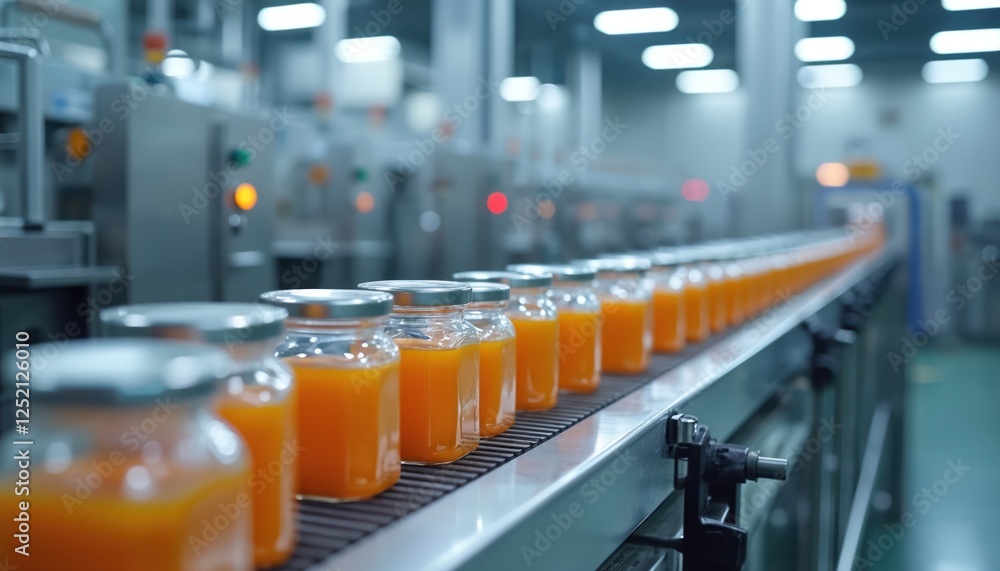 Poster automated production line fills bottles with orange liquid. silver lids are placed on jars on convey