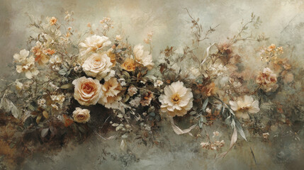 Fototapeta premium A beautifully composed bouquet of neutral-toned flowers, including dried roses, chrysanthemums