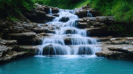 Cascading waterfall in lush forest, tranquil pool, nature serenity, tourism