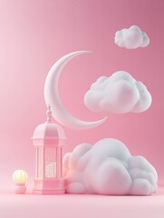 Pink Ramadan Lantern Crescent Moon Clouds Festive Islamic Background
