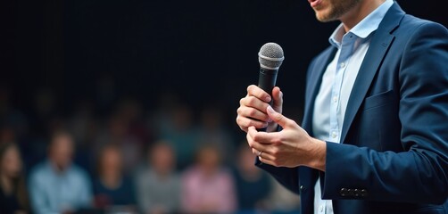 Presenter with mic on stage speaks to audience in hall. Motivational speaker gives speech at conference. Businessman presents report at summit. Public performance in auditorium.