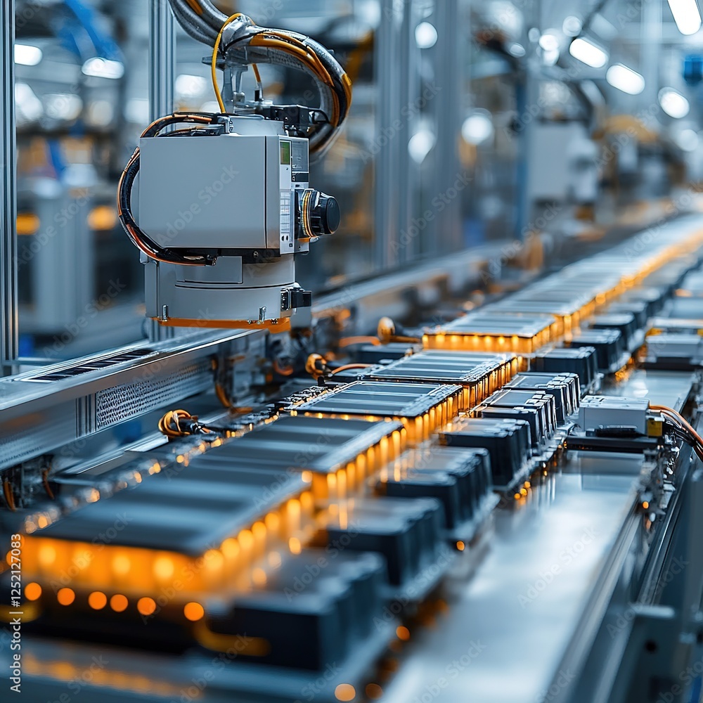 Poster automated assembly line operation factory industrial photography high-tech environment close-up view