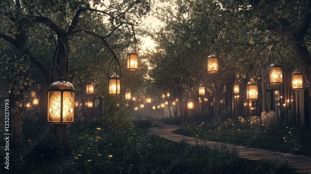 Poster enchanting pathway illuminated by hanging lanterns in a mystical forest