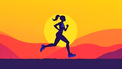female runner in motion against a sunset background. The silhouette of the woman is dark, contrasting with the warm hues of the sky and hills. The sun is positioned behind her