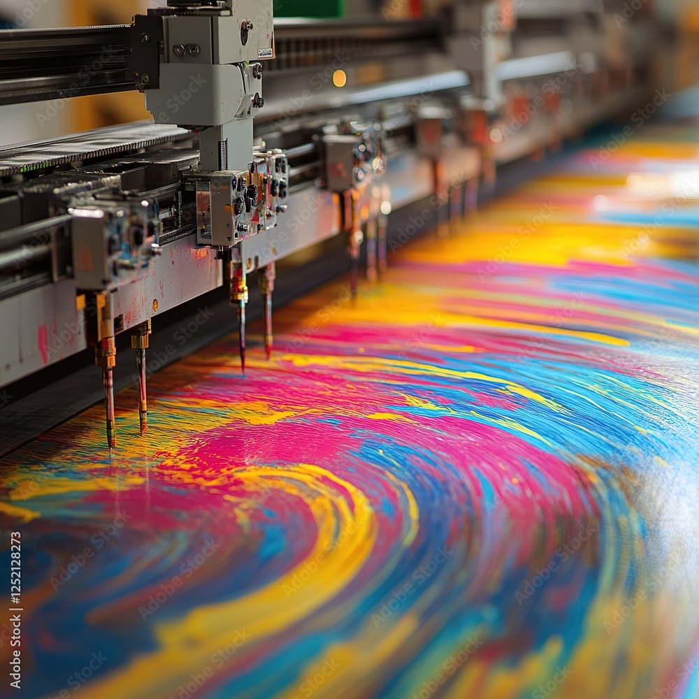 Poster dynamic printing process featuring vibrant colors industrial setting visual art workshop environment