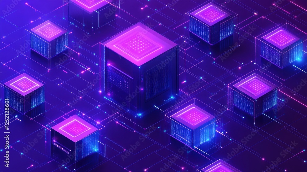 Poster illuminated cubes connected by neon lines in a network