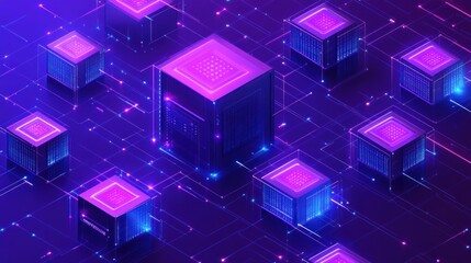 Obraz premium Illuminated Cubes Connected By Neon Lines In A Network