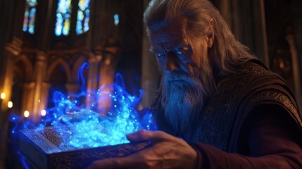 Elderly wizard casts spell, ancient church, magical book, fantasy scene