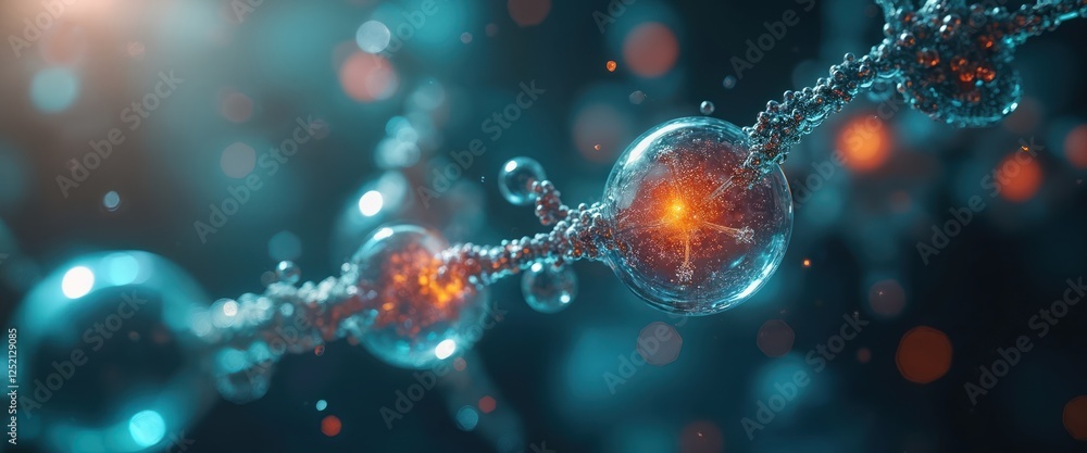 Poster 3d render of organic chemistry reaction with illuminated carbon chains. visualizing molecular intera