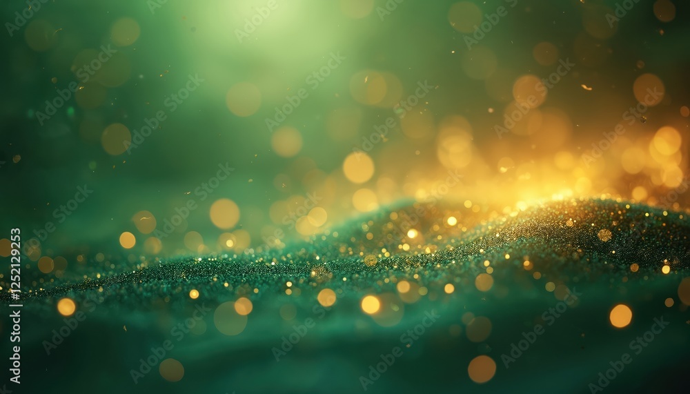 Poster shimmering gold bokeh on blurred emerald green background with copy space. radiant glow light spot. 
