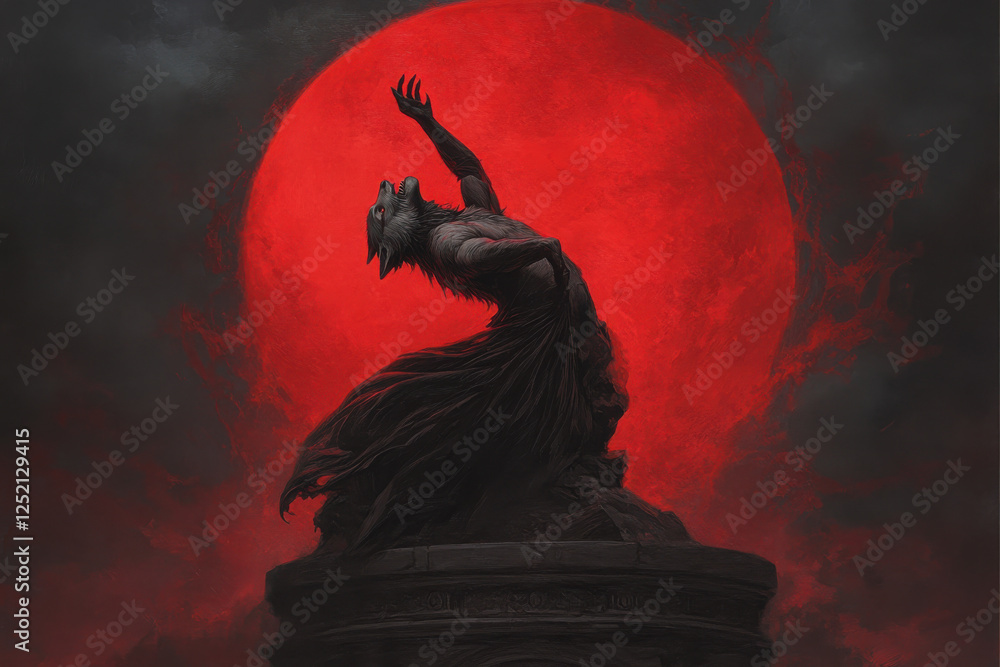 Poster a statue of a demon with a red moon in the background