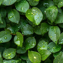 Seamless green leaf pattern with fresh dewdrops creating a vibrant and lush botanical texture