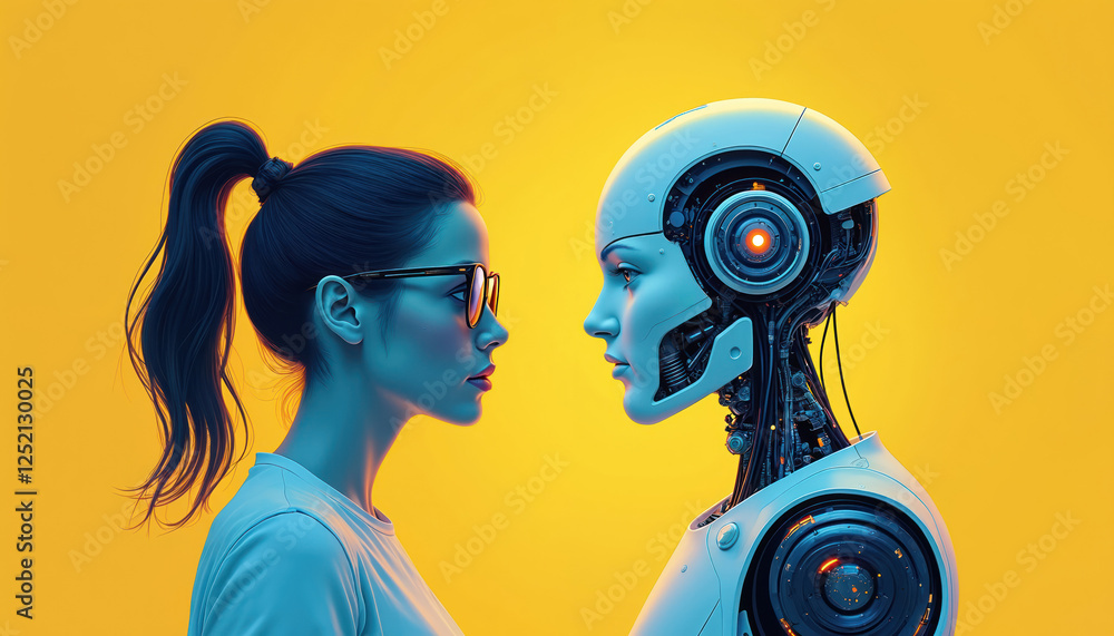 Aufkleber illustration shows human looking at robot on yellow backdrop. artificial intelligence concept. moder