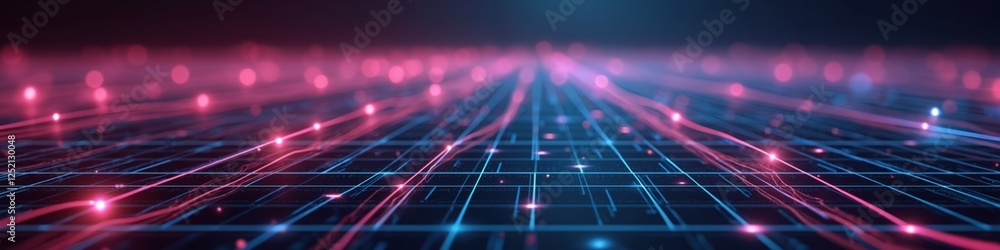 Poster illustration of dark grid abstract background with minimalist tech elements and futuristic hub conne