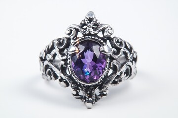 Amethyst ring, ornate silver, studio shot, white background, jewelry catalog