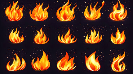 Animated fire flames, dark background, design elements