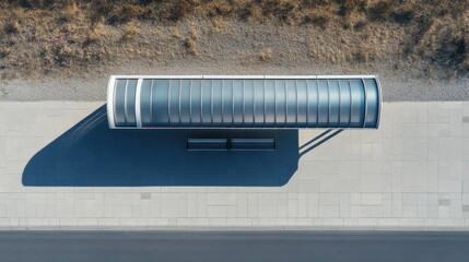 A clean top-down view of a minimalist bus stop with a metal bench and a curved shelter, surrounded by an empty concrete sidewalk.