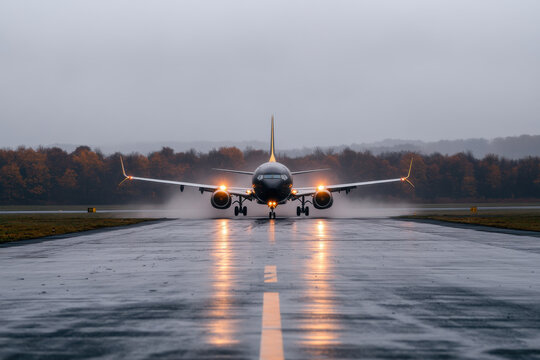 A plane is on the runway, and it is raining