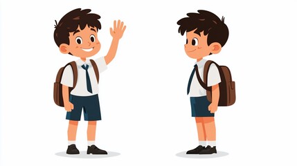 Two cartoon schoolboys wearing uniforms and backpacks standing on white background