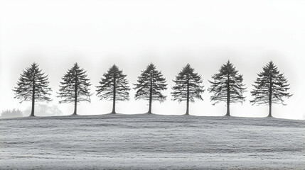 Seven trees on frosty hill, misty background, nature scene