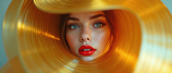 A Vibrant Woman’s Portrait Blended with Golden Vinyl Records.