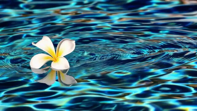 White frangipani flower floating on rippling blue water surface, tranquility and spa concept
