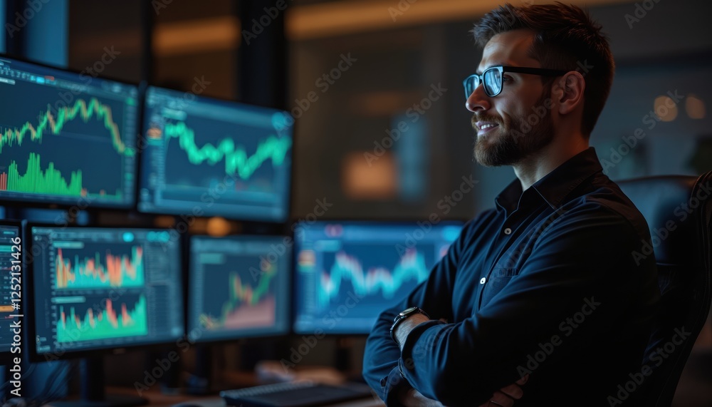 Aufkleber stock market broker analyzes charts on multiple computer screens in office at night. trader looks at